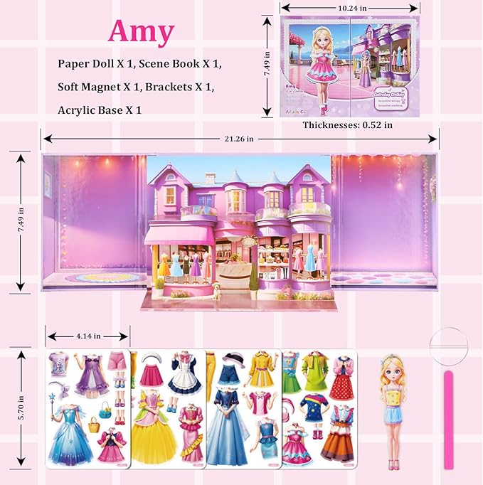 Yuzee Princess Magnetic Dress Up Games for Girls - Magnetic Paper Dolls for Girls Ages 4-7, 35 Piece Role Play Travel Toy Dress Up Set, with 3D Store Wardrobe Game Scene, Dress Up Games for Kids