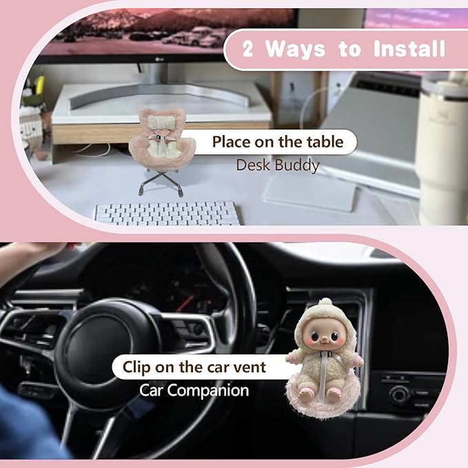 Doll Car Seat for 3–8 inch Figures, Fits Character Plushes, Blind Box Dolls & Vinyl Collectibles, Includes Air Vent Clip & Desktop Stand, Cute Car Ornament for Collectors (Pink)