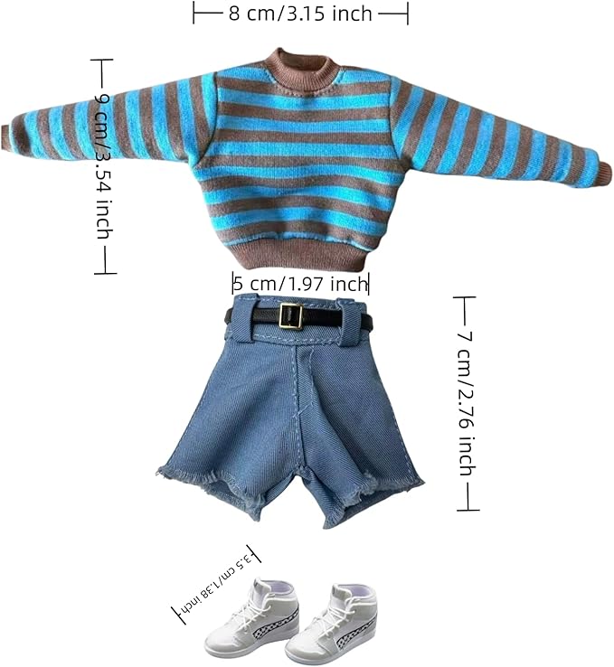 Fashion Doll Outfit Set with Blue and Brown Striped Sweatshirt, Shorts, Belt and Sneakers for 11.5-12 Inch Dolls, 1/6 Scale Figure or BJD