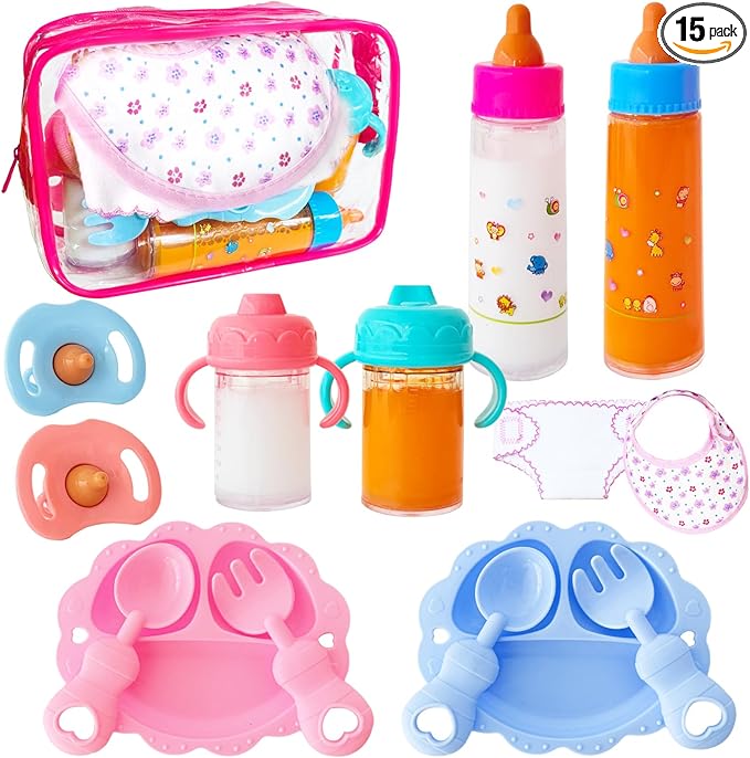 15 Pcs Baby Doll Accessories Magic Bottle Set,Doll Feeding Set with Package,Pretend Play Feeding Toys for Kids,Girls,Party,Gift