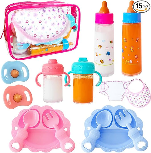 15 Pcs Baby Doll Accessories Magic Bottle Set,Doll Feeding Set with Package,Pretend Play Feeding Toys for Kids,Girls,Party,Gift