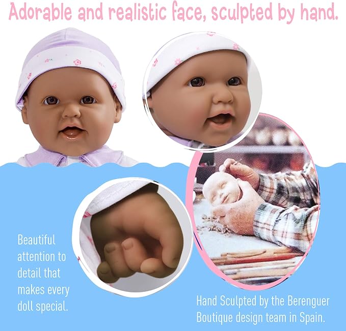 JC Toys Hispanic 16-inch Medium Soft Body Baby Doll La Baby | Washable |Removable Purple Outfit w/Hat and Pacifier | for Children 12 Months +, Hispanic-Purple