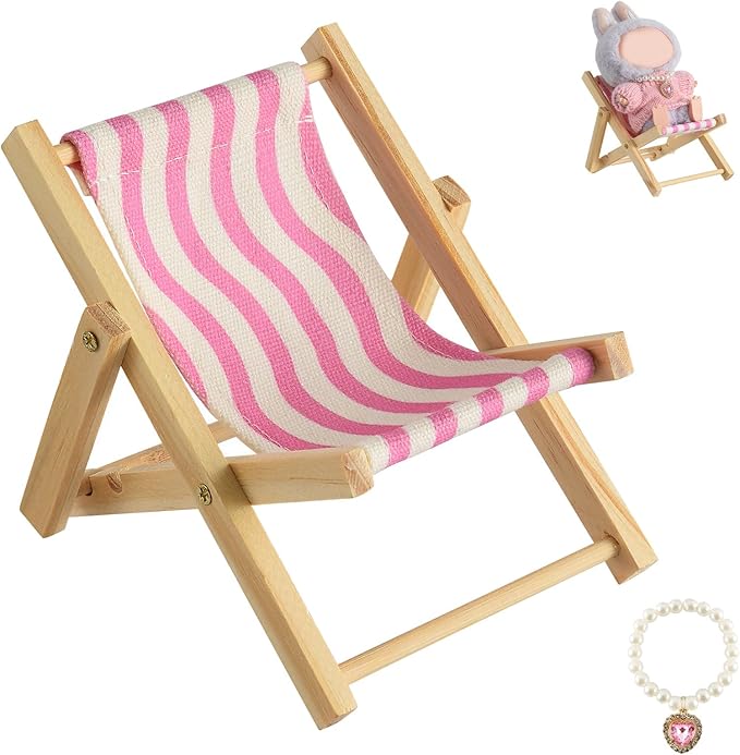 Cute Doll Car Seat for Labubu, Premium Foldable Beach Lounger for 4-7in Dolls, Beautiful Doll Display Accessories, Portable Phone Holder & Stand(Pink-White Striped Design)