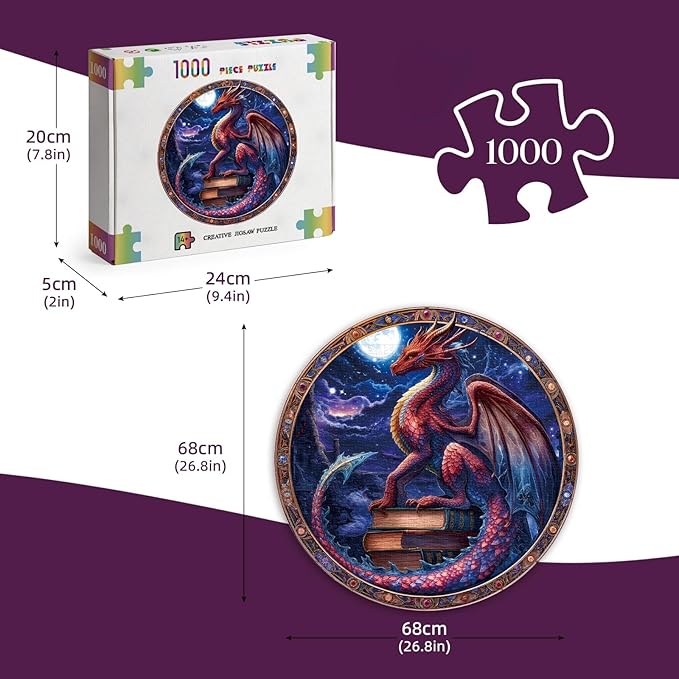 Round Jigsaw Puzzle 1000 Piece - Guardian Dragon & Ancient Books - 26.5in Circular Epic Fantasy Art, Starry Night Jigsaw Gift for Adults