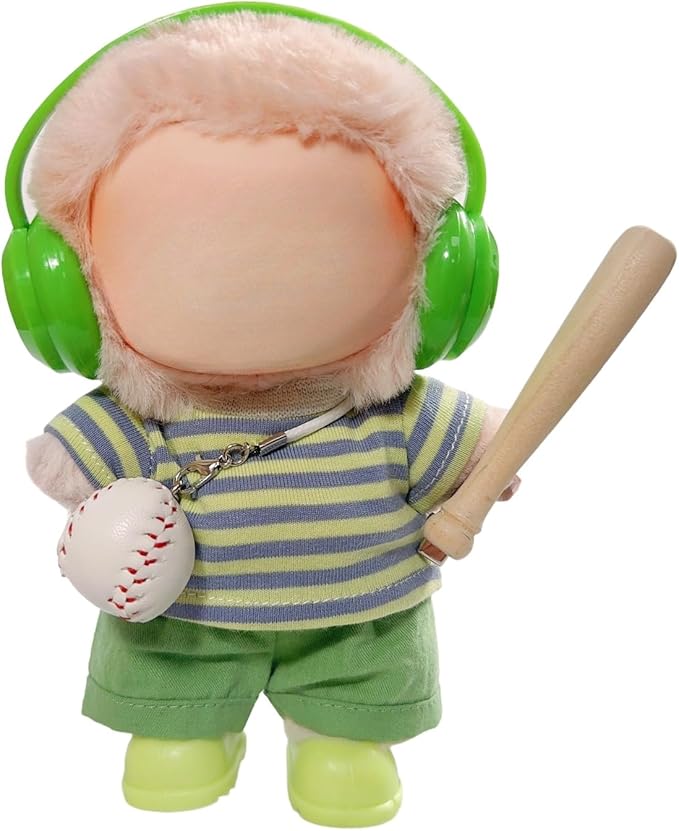 15cm/17cm Doll Outfit Suitable for Labubu Clothes –Sports Wear Outfits Gym Dolls Accessories for Dressing Up (No Doll Included) (D-Green Stripe Baseball Suit 6-Piece Sets)