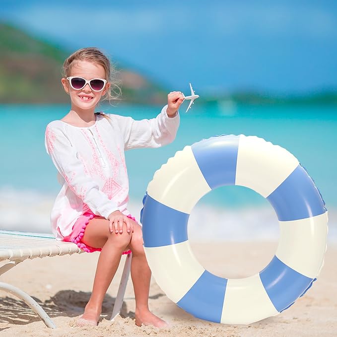 Whaline 4Pcs Inflatable Swimming Float Toy Striped Swim Ring Fun Print Pool Lounger Tube for Summer Swimming Beach Party