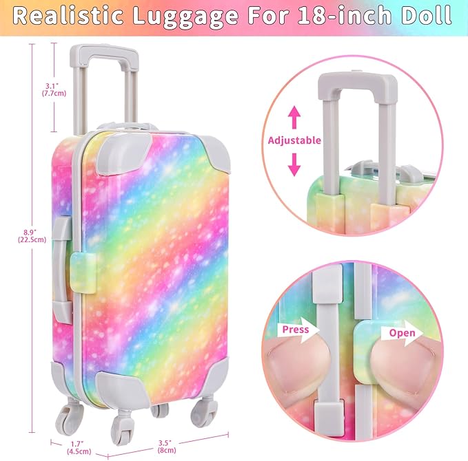 18" Doll Accessories Suitcase Doll Travel Playset Rainbow Style for Kid Christmas Birthday Gifts