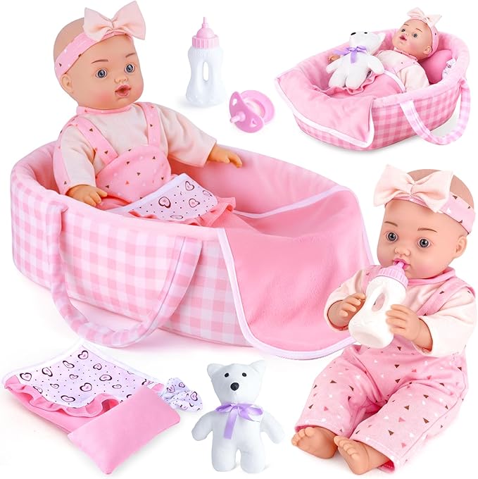 AuntyFey 12" Baby Doll Set, Baby Doll Bassinet with Accessory for Girl Toddlers 1-3 with Bottle, Teddy Bear, Pillow, Blanket