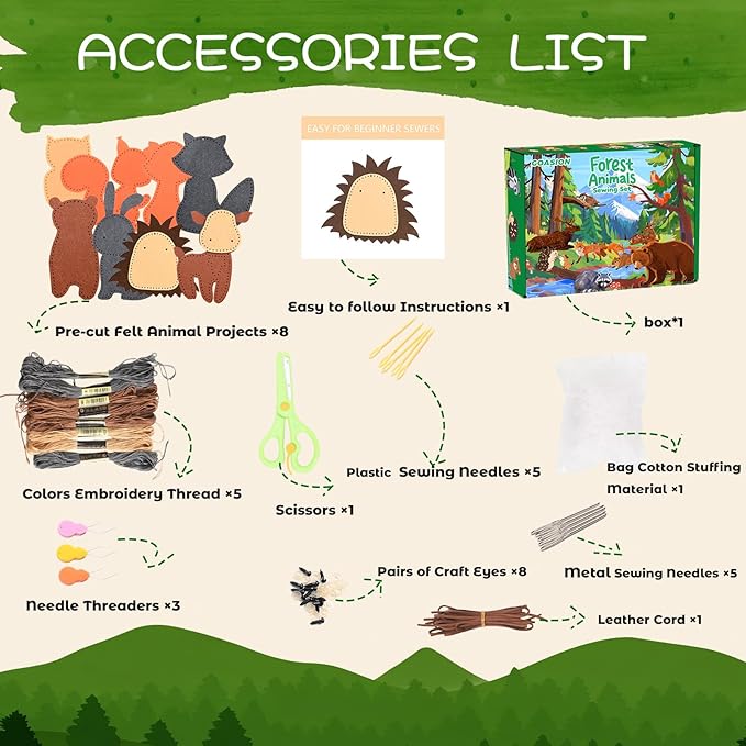 GOASION Sewing Kit for Kids, Woodland Animals Kids Sewing Kit, Pre Punched Design for DIY Hanging Decorations, Sewing Tit for Beginners Age 8-12, Boys & Girls Birthday Gift