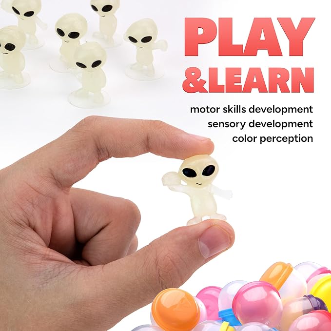 Entervending Alien Toys in Capsules - 100 Pcs of 1.1 Inch Plastic Capsules & 1 Inch Glow in the Dark Alien Figurines for Kids - Party Favors - Classroom Prizes - Toys Bulk for Vending Machine Refill