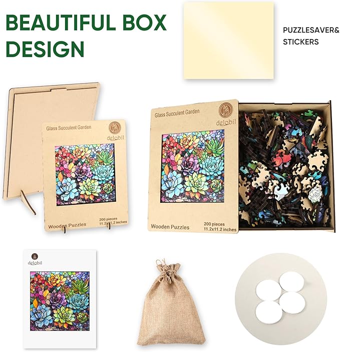 Delobi Stained Glass Puzzle Succulent Wooden Puzzles for Adults 200 Pieces, Unique Challenging Jigsaw Puzzles Gift for Friends Family Game Medium Size 11.2'' x11.2''