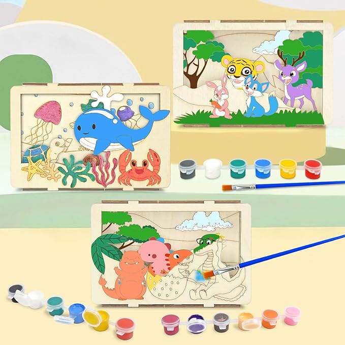 Vileafy 3D Wooden Painting Craft Kits for Kids 4-8 – DIY Arts & Crafts with Dinosaur, Ocean & Jungle Animals – Includes Individual Paints & Brushes for Party Favors and Easter Gifts(3)