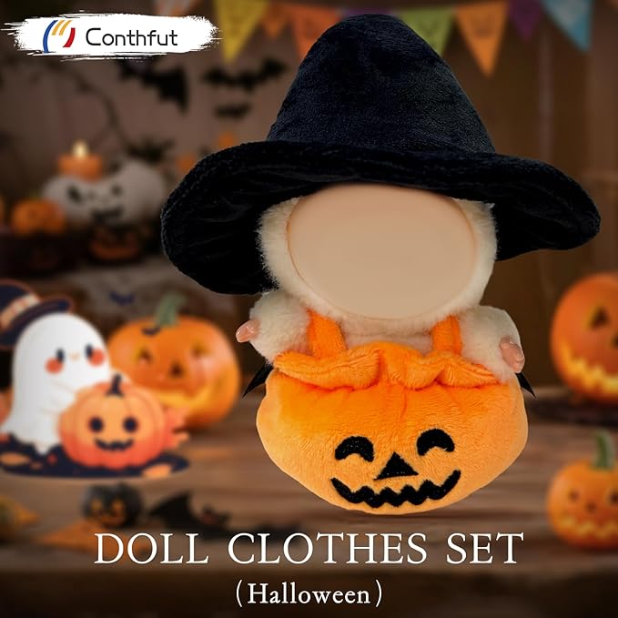 17cm Doll Clothes for Doll, Clothes for Dolls Outfit, Halloween Pumpkin Overalls Witch Hat for Dolls Accessories,Halloween Clothes Set for Doll (No Doll)(Black Hat Pumpkin Clothes)