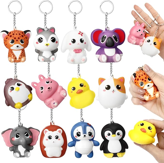 24 Pcs Animal Squeeze Stress Ball Keychains Party Favors Cute Stress Relief Toy Keychain Goodie Bag Stuffers for Teacher Student Team Employee Coworker Birthday Gifts