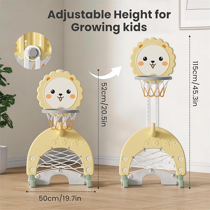 4-in-1 Toddler Basketball Hoop Indoor Adjustable Height Outdoor Sports Center for Kids Aged 1-3 Basketball, Soccer, Hockey & Ring Toss, Yellow and Green