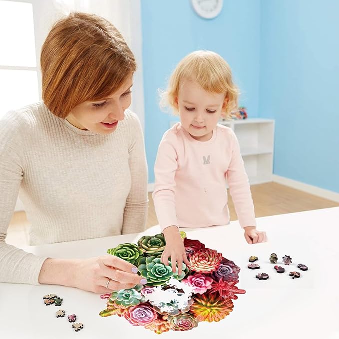 Delobil Succulent Bouquet Wooden Puzzles for Adults, 200 Pieces Mandala Round Jigsaw Puzzles, Medium Size Unique Shaped Wood Puzzle Gift for Kids, Family Game 11.2'' x 10.9''