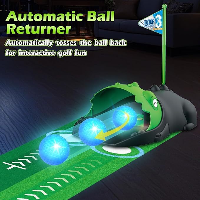 3 in 1 Kids Golf Set with Dinosaur Automatic Golf Returner, Golf Cornhole Board, Led Light Up Balls, Putting Mat, 3-8 Toddler Mini Golf Games, Indoor Outdoor Golf Toys Gift for Boys Girls 3+