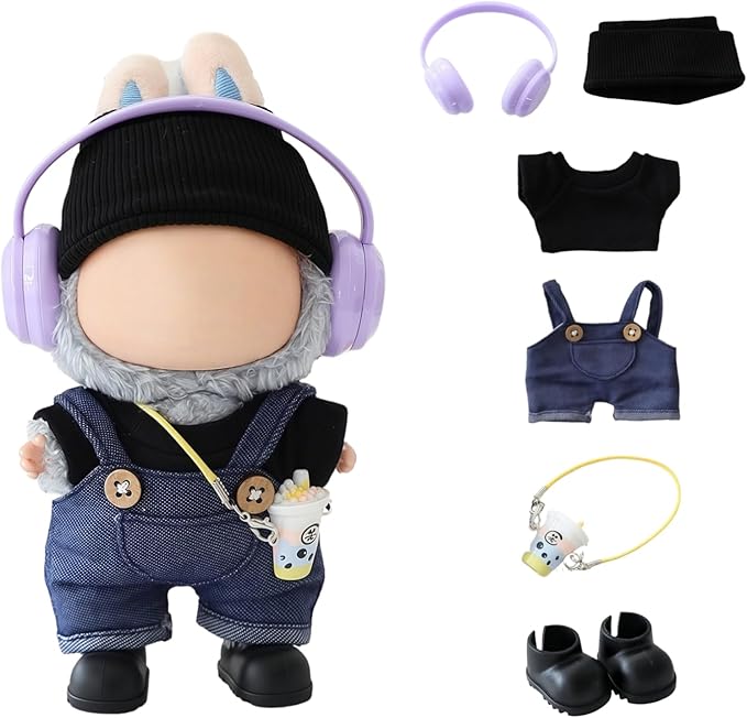 Clothes for Lu bubu 17cm Dolls(No Doll) Accessories, Stylish Kawaii Overalls Outfit Headphones Set 5 Pieces Suitable for 17cm Dolls , Doll Hat Headset Boots Clothing Set Replacement