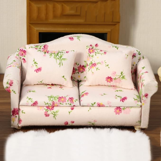 Dollhouse Couch Miniature Sofa with Pillows Dollhouse Living Room Funiture 1:12 Scale Model 3 Pcs High Simulation Upholstered Wooden Fabric Armchair Mini Room Artificial House Scene Decoration (Pink)