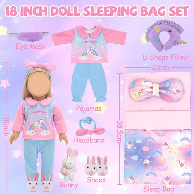American 18" Doll Clothes and Sleeping Bag Accessories Set, Sleepover Outfit Fits 18 inch Dolls Include Pony Costume, Purple Pillow, Eye mask, Bunny Shoes, Animal Toy Gifts for Girls (No Doll)