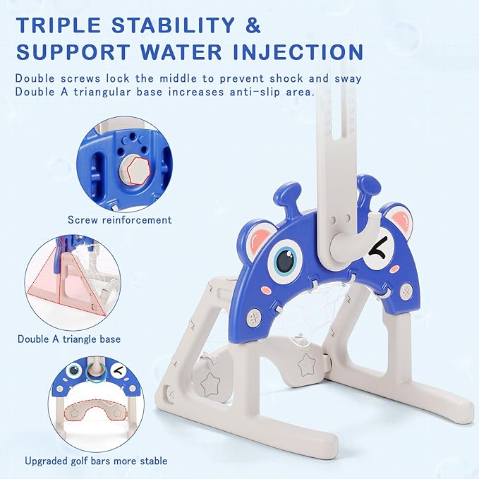 CYFIE Kids Basketball Hoop, 4-in-1 Height Adjustable Basketball Hoop, Football Goal, Golf and Ring Toss, Toddler Activity Center Set Toy Gifts for Girls Boys Sports Indoor Outdoor (Blue)