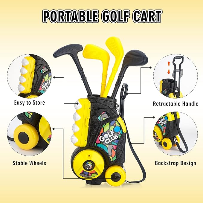 Toddler Golf Set with Wheeled Cart, Kids Golf Clubs Toy with 47.2" Putting Mat, Upgraded Handles, 8 Balls & Training Accessories, Indoor Outdoor Golf Toys for Boys Girls Ages 3-8