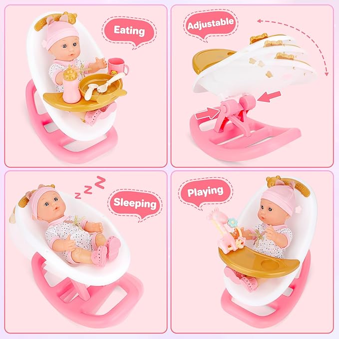 deAO Baby Doll Set Baby Doll Accessories 25Pcs Dolls Care Toy Play Set with Crib,High Chair,Milk,Bottle,Pacifier,Diaper Christmas Birthday Gift for Kids 3+ Years Old