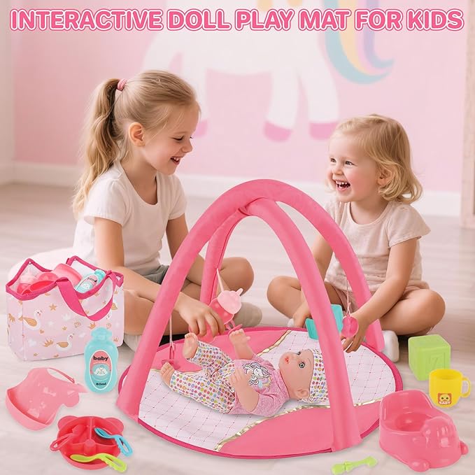 deAO Baby Doll Stroller Set with 12" Baby Dolls Nursery Playset 17 PCS Baby Doll Accessories with Play Mat,Storage Bag,Baby Stroller Toys for Girls Toddlers 3+ Pretend Play Gifts