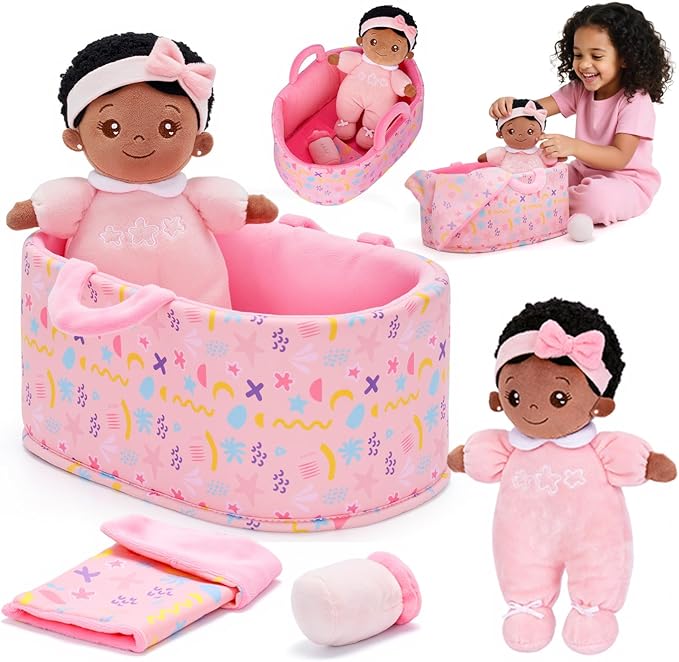 OUOZZZ 10" Black Baby Doll for 2 Year Old Girls Set with Soft Doll, Bassinet, Blanket and Bottle, Interactive Pretend Playset for Social Emotional Learning, Birthday Gift for 2 Year Olds Girls