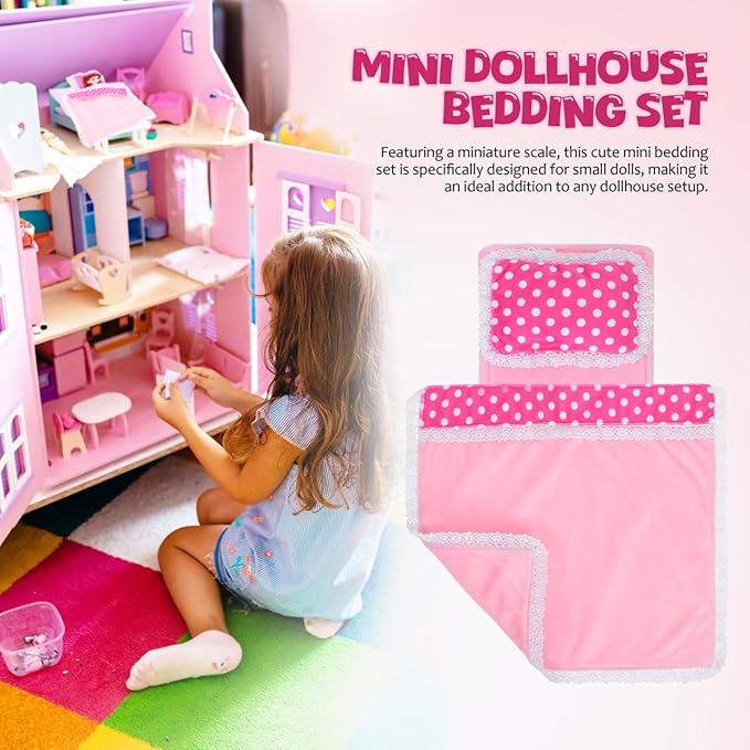 Mini Dollhouse Bedding Set 3 Piece for Dolls with Mattress Pillow Comforter Soft Fabric Dollhouse Bedroom Accessories 11.22X10.43 Inch
