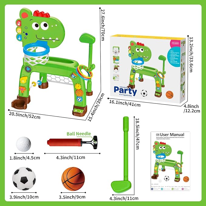 4-in-1 Toddler Basketball Hoop Soccer Goal with Golf Game and Ring Toss, Dinosaur Toys for 1 2 3 Year Old Babies Boys Girls, Kids Sports Toy with Light Sound Music, Xmas Birthday Gifts for Toddlers
