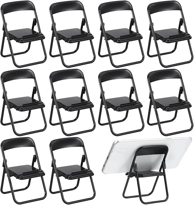 Gadpiparty 12pcs Mini Chairs for Crafts, Mini Folding Chair, Action Figure Accessories Phone Holder Stand Doll Dollhouse Decoration Miniature Furniture Black