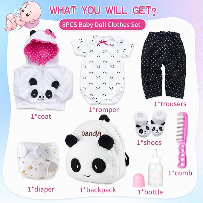 8 Pcs Reborn Baby Girl Doll Clothes Panda Outfits Accesories for 20-23 Inch Reborn Doll Newborn Baby Girl with Backpack&Diaper
