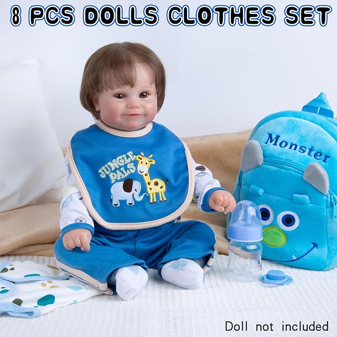 PEDOLLTREE 8 Pcs Reborn Baby Dolls Clothes Boy Accessories Outfit for 18-22 Inch Newborn Baby Reborn Dolls Clothes with Blue Monster Backpack
