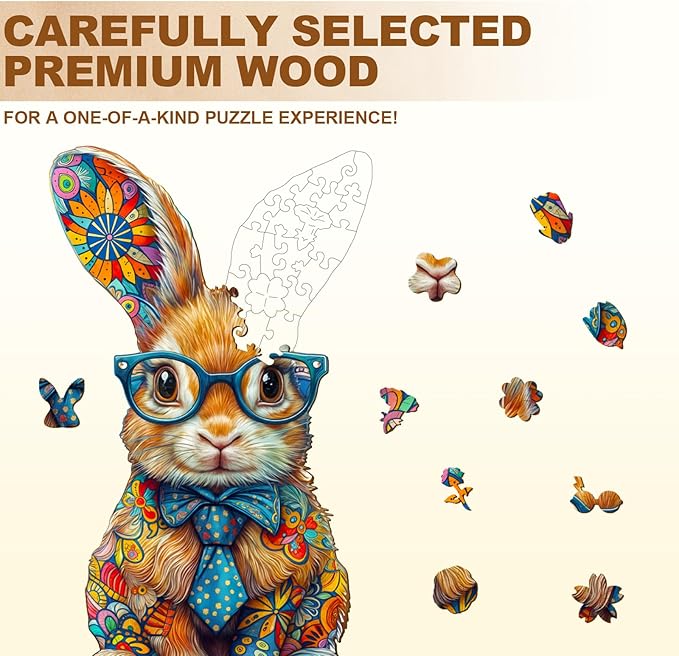 Wooden Puzzles for Adults - Colorful Bunny Wood Puzzles Adult - Unique Animal Shape Wooden Jigsaw Puzzles for Adults - Birthday Gifts for Puzzle Lovers, Family (8.5 * 5in - 100 Pieces)