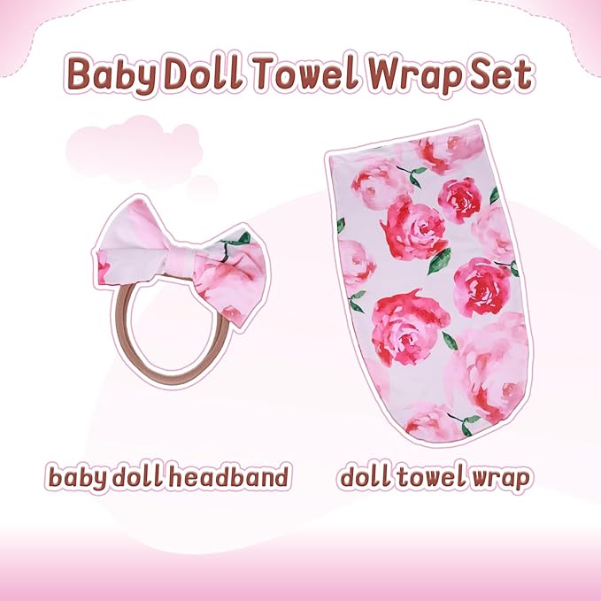 BABESIDE Reborn Baby Doll Blanket with Headband for 17-24 Inch Babydolls, Reborn Baby Doll Accessories Swaddle Blanket Set for Realistic Babydolls Girl, Pink Floral Pattern