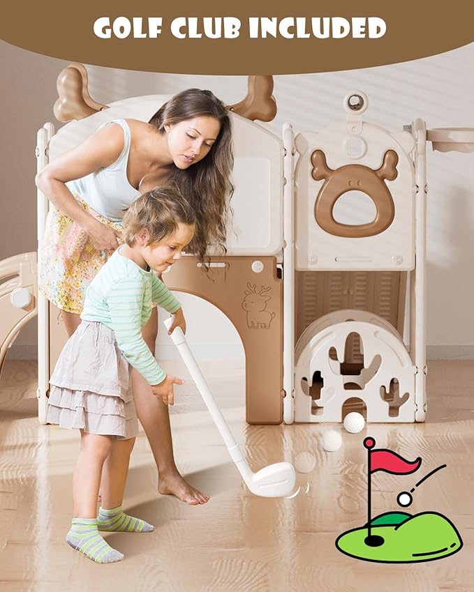XJD Toddler Slide,12 in 1 Kids Slide for Toddlers 1-3, New Upgrade with Golf Set, Basketball Hoop, Drawing Board for Indoor Outdoor Playset,Toddler Playground (Brown)