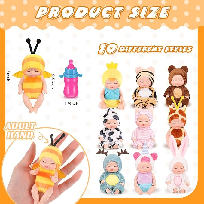 Retrowavy 10 Pcs 4 Inch Mini Baby Dolls Realistic Tiny Baby Doll Animal Clothes Cute Infant Figurine Gifts Set with 10 Pcs Nursing Bottles for Boys Girls Toddlers Kids 3+ Birthday Gift Big Fillers