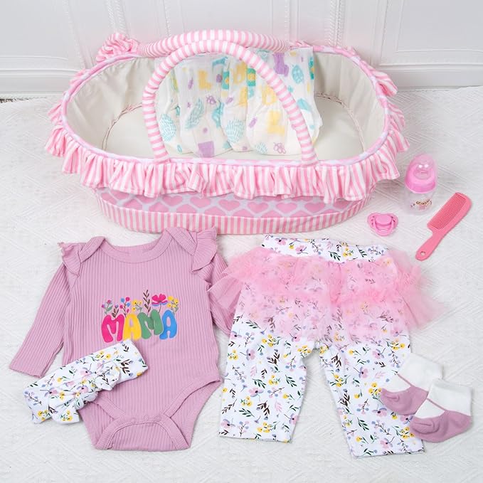 12 Pieces Reborn Baby Doll Clothes with Heart Bassinet & Diapers Accessories Set fit 17-24 Inch Girl Dolls Outdoor Dressing Outfit