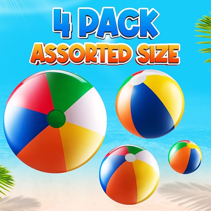 Bedwina 4-Pcs Assorted Inflatable Beach Balls - Rainbow Beach Balls for Kids in 6", 12", 16", 24" Sizes - Colorful Blow Up Pool Toys for Beach Games, Summer Party Decor & Outdoor Fun