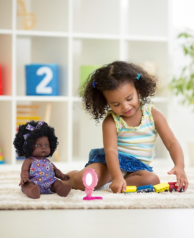 GAGAKU Black Baby Doll for 3 4 5 6 Years Old,12 inch Black Baby Dolls for Girls with Curly Hair, 2-Sets Doll Clothes,Small Baby Dolls for Toddlers Kids and Girls Holiday Birthday