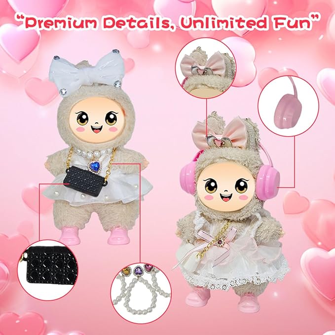 33 Pack Compatible for Labubu Clothes Outfits,Premium Labubu Accessories Case Shoes for 17cm Dolls,Labubu Birthday Party Decoration- Includes 6-Pack Doll Clothes Sets,Camera,Sunglasses