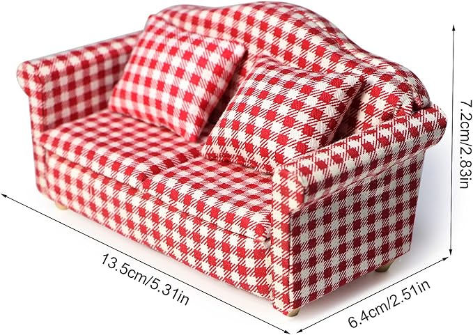 Dollhouse Couch Miniature Sofa with Pillows Dollhouse Living Room Funiture 1:12 Scale Model 3 Pcs High Simulation Upholstered Wooden Fabric Armchair Mini Room Artificial House Scene Decoration (Plaid)