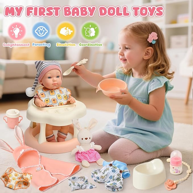 Cleboen Baby Doll Accessories Set for Girls, 9'' Baby Doll with 2 Sets Clothes Doll Walker Chair Feeding Bottle Pacifier Diaper Blanket, Realistic Pretend Play Toys Toddler Girl Birthday Gifts 3 4 5 6