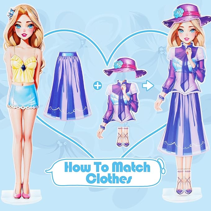 PainZieteg Magnetic Dress Up Dolls, Magnetic Princess Dress Up Paper Dolls, Magnetic Dress Up Dolls for Girls Ages 4-10 Learning Created Imagine Set Birthday Gift (Amy)