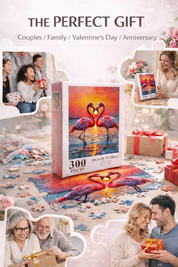 Flamingo Puzzles for Adults 300 Pieces, Jigsaw Puzzle with Flamingo Heart at Sunset, Art Challenging Animal Puzzle for Girlfriend, Valentine's Day, Vacation, Leisure Time, Beach, Wall Decor