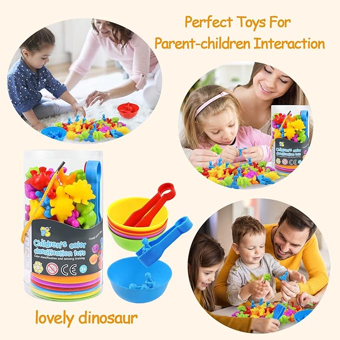 RAEQKS Counting Sorting Dinosaur Toys Montessori Sensory Matching Toy with Bowls Preschool Learning Activities Educational Stacking STEM Game Animals Gifts Sets for Kids Aged 3+ Years Old Boys Girls