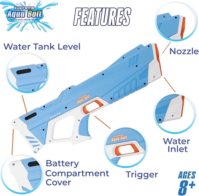 Supreme Sports Aqua Bolt | Electric Water Blaster with Rechargeable Battery; Long Range 20ft Precision Soaking; Fast Fill | Automatic Refill; Lightweight Design for Kids; Adults; Pool; Squirt Soaker