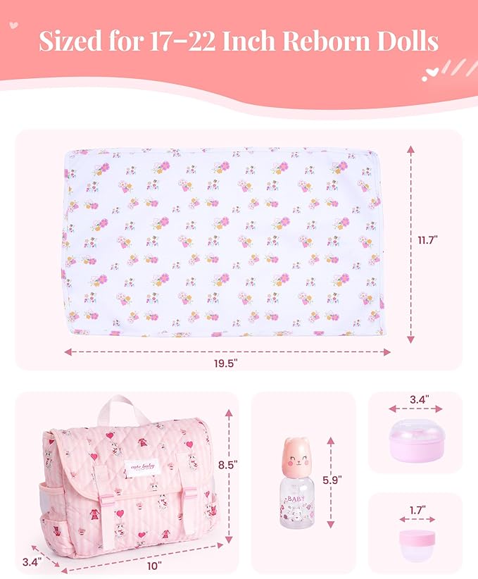 BABESIDE 9 Pcs Reborn Baby Doll Accessories for 17-22 Inch Reborn Dolls, Diaper Bag Set with 2 Diapers, Changing Pad, Bottle, Tissue and Care Set, Great for Children's Pretend Play, Doll Not Included