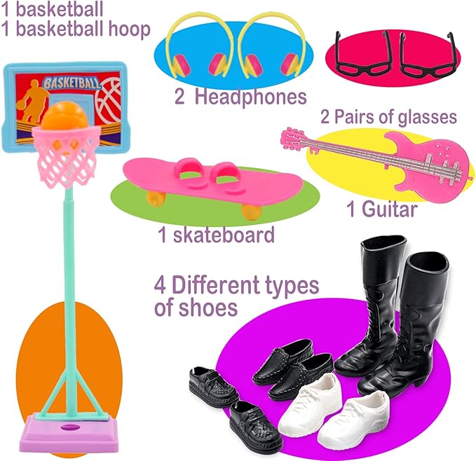 EuTengHao 44Pcs Doll Clothes and Accessories for 12 Inch Boy Dolls Include 27 Different Shirt Jeans Wear Trousers Pants for 12'' Boy Doll Basketball Stands Skateboard Sprots Style Accessories